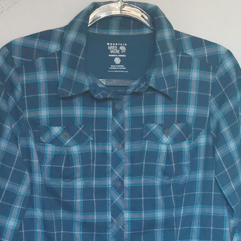 Mountain Hardwear Shirt Womens S Green Blue Flannel Plaid Button Up Long Sleeve